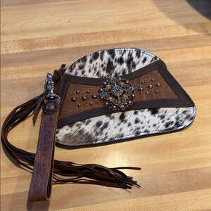 Brown and White Women's Clutch Leather and cowhide with Fringe